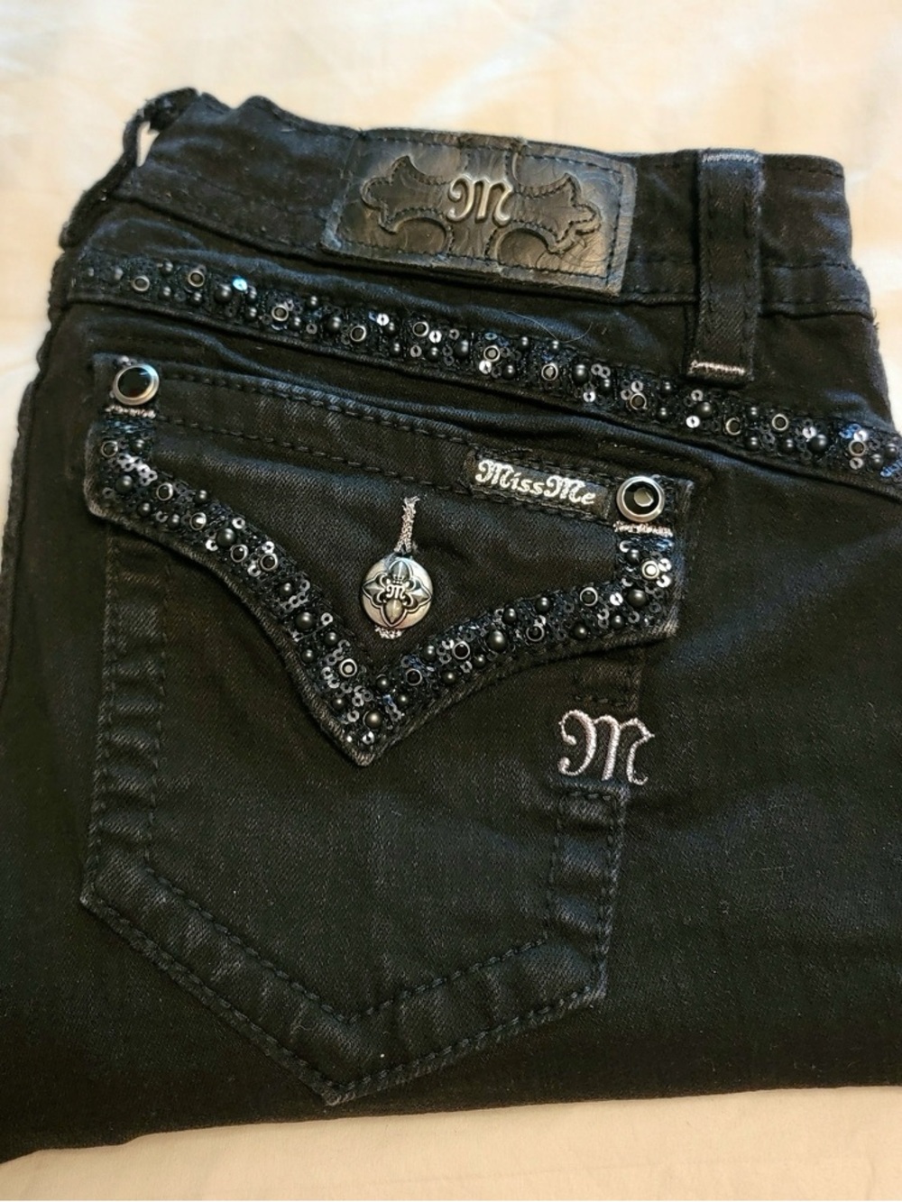 Miss Me Black Sequin-Trim Skinny Jeans